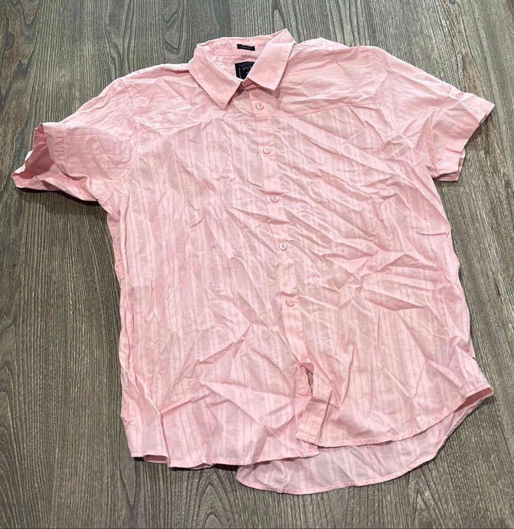 Guess Men's Striped Slim Fit Short Sleeve Button-up Shirt Pink XL
